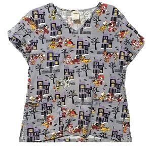 Disney Mickey Mouse Minnie Halloween Donald Duck Pluto Scrub Top Purple Womens S